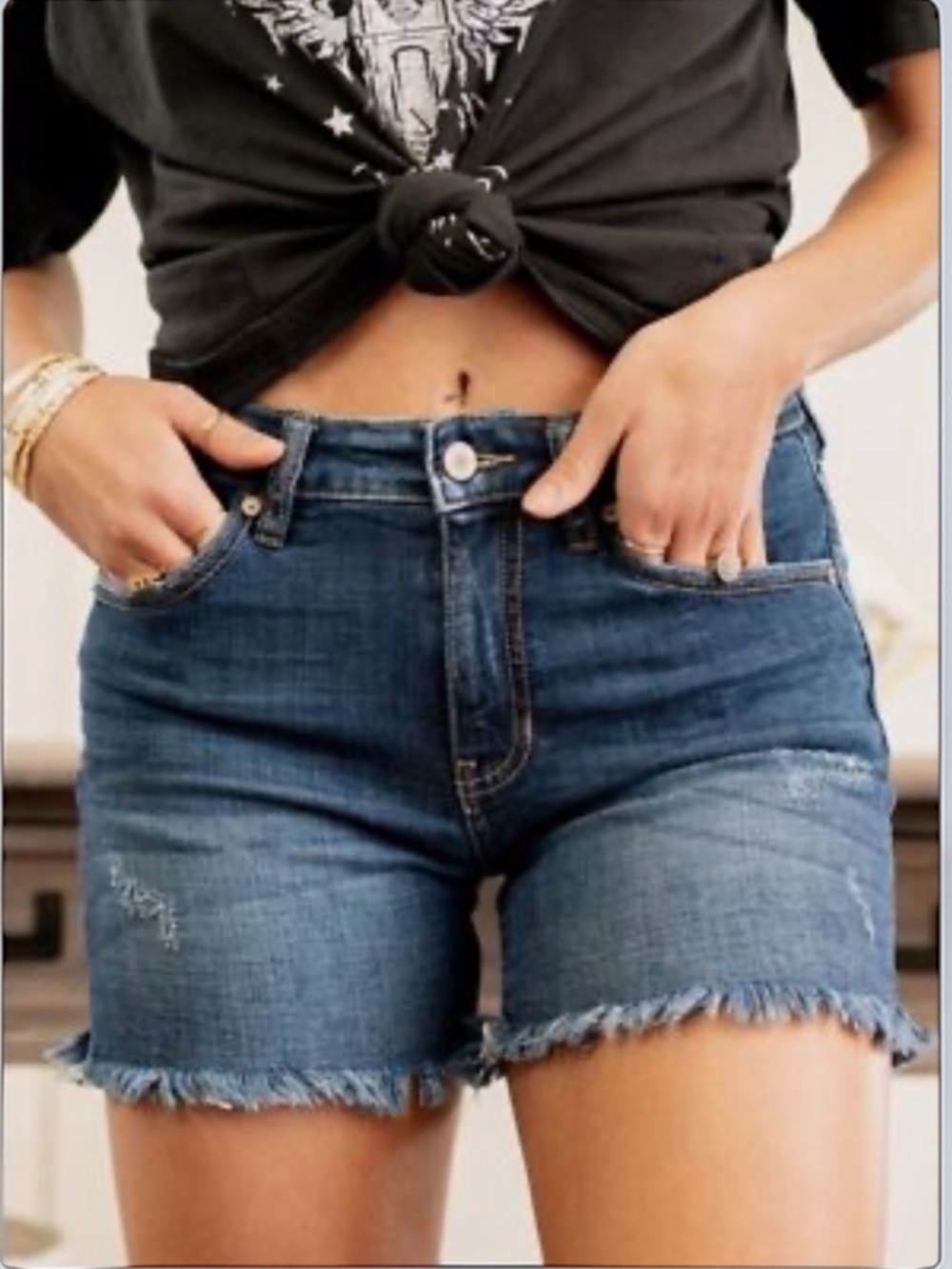 KanCan High Rise Frayed Hem Distressed Jean Shorts Dark Blue Size Small